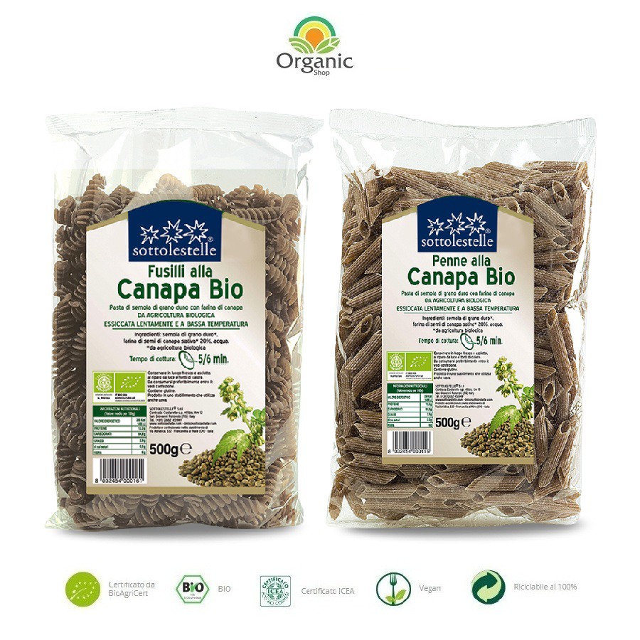 Nui ống , nui xoắn Canapa nguyên cám hữu cơ Sotto 500g Organic Hem Penne,Fusilli