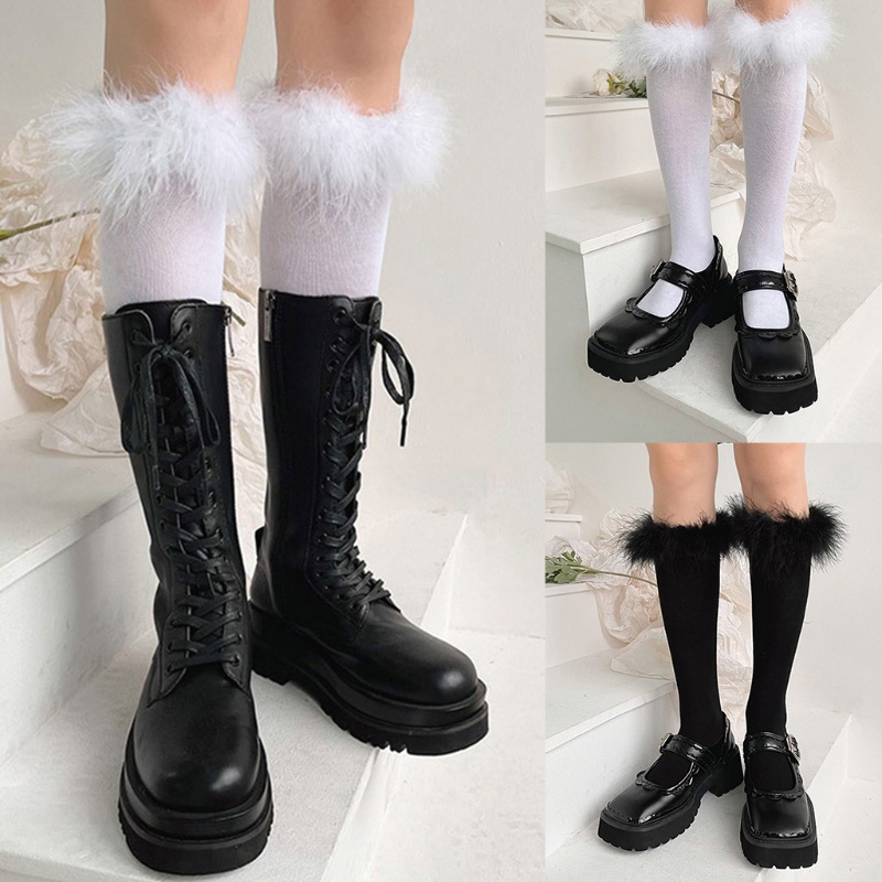 Đôi tất cổ cao ngang đầu gối lai viền lông vũ màu trơn ngọt ngào phong cách Kawaii Nhật Bản Bản