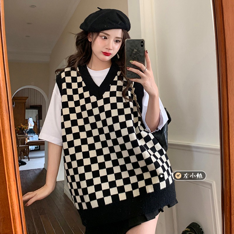 Áo len gile nữ hàn quốc kẻ CARO 2021, áo gile len nữ chất đẹp thời trang thu đông | BigBuy360 - bigbuy360.vn