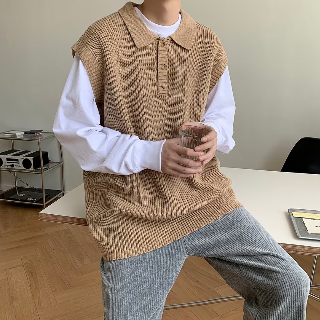 Phong cách hàn quốc áo vest len ​​mùa thu ve áo len dệt kim lỏng màu áo vest bên ngoài