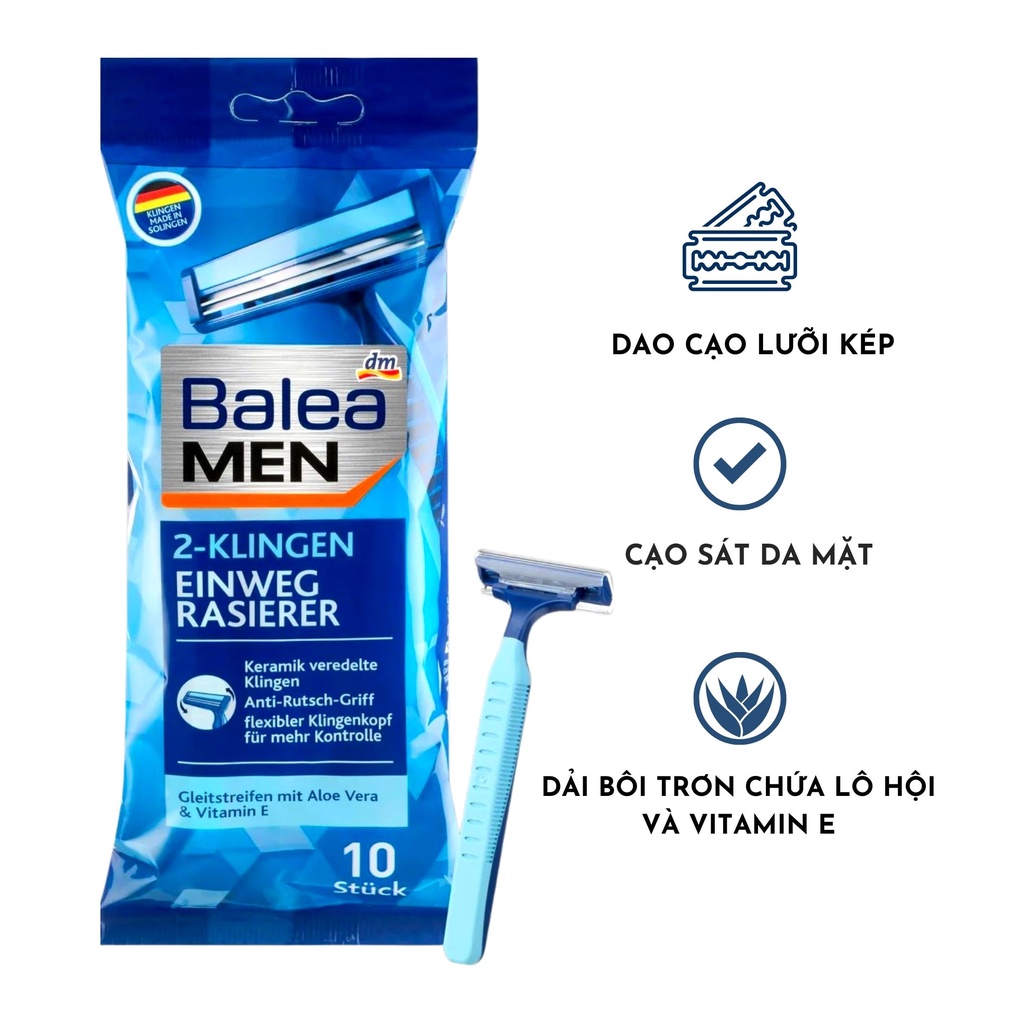 Dao cạo râu 2 lưỡi dùng 1 lần Balea Einwegrasierer 2-Klingen, 10 cái - hàng nhập khẩu Đức