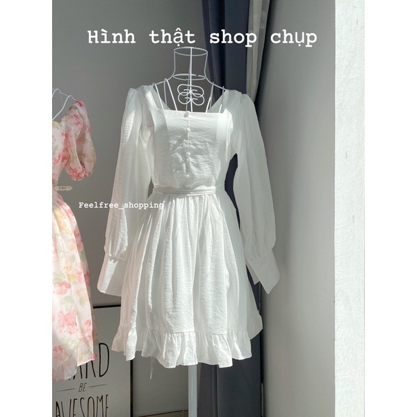 Đầm Trắng Cổ Vuông Ngắn Tay Dài Hai Lớp Thắt Nơ Eo Mặc Đi Tiệc, Đi Chơi, Biển (Hình Thật) D033