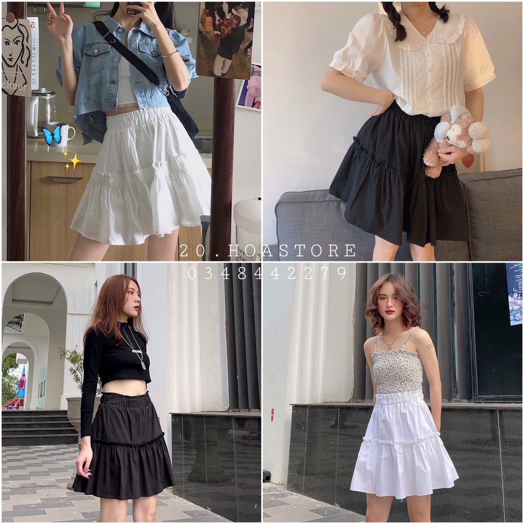 CHÂN VÁY XOÈ 2 TẦNG Chữ A Lưng Cao Đen Trắng Korea Style - VÁY NGẮN NỮ CHẤT ĐŨI Kèm Lót