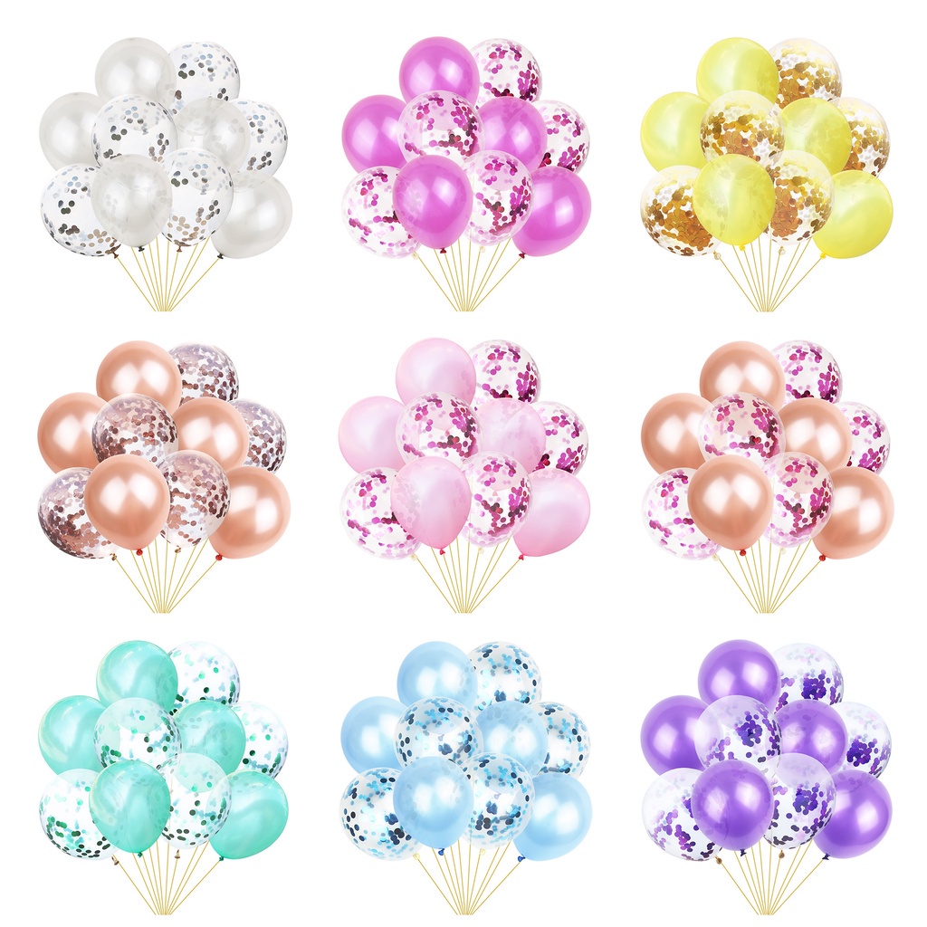 Set 10 Bong Bóng 12 Inch Đính Kim Sa Nhiều Màu Trang Trí Tiệc