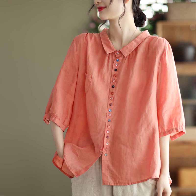 Ice retro colorful buttons cotton linen short-sleeved shirt loose top ramie linen shirt clearance ~ brand cut label