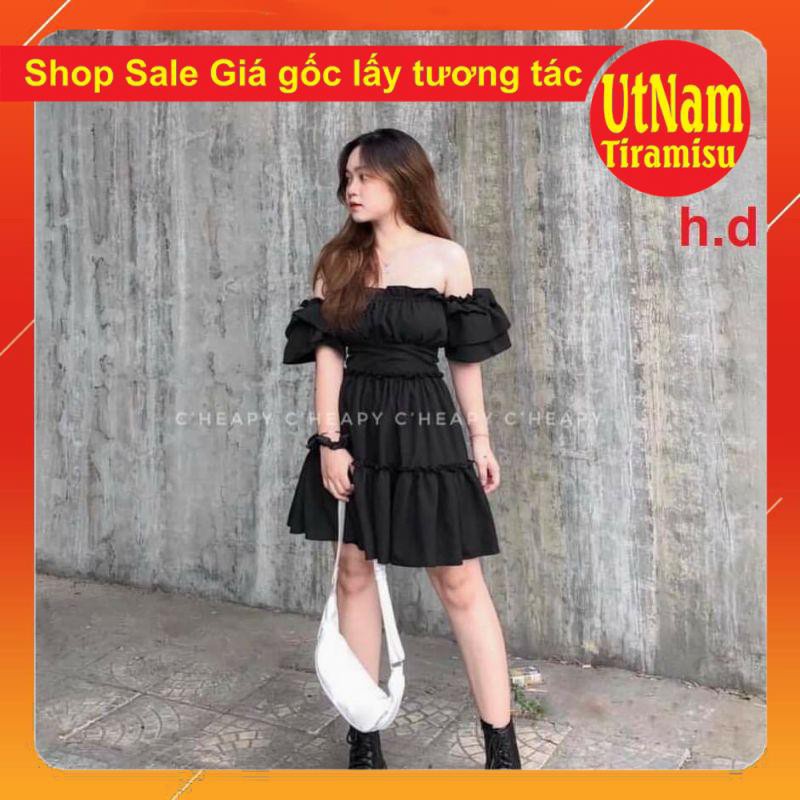 ( Sẵn) Đầm dự tiệc trễ vai tay bồng 3 tầng bèo Dáng xòe, Váy Tiểu Thư Trắng Trễ Vai or Cổ Vuông Vintage 2 màu Đen, Trắng