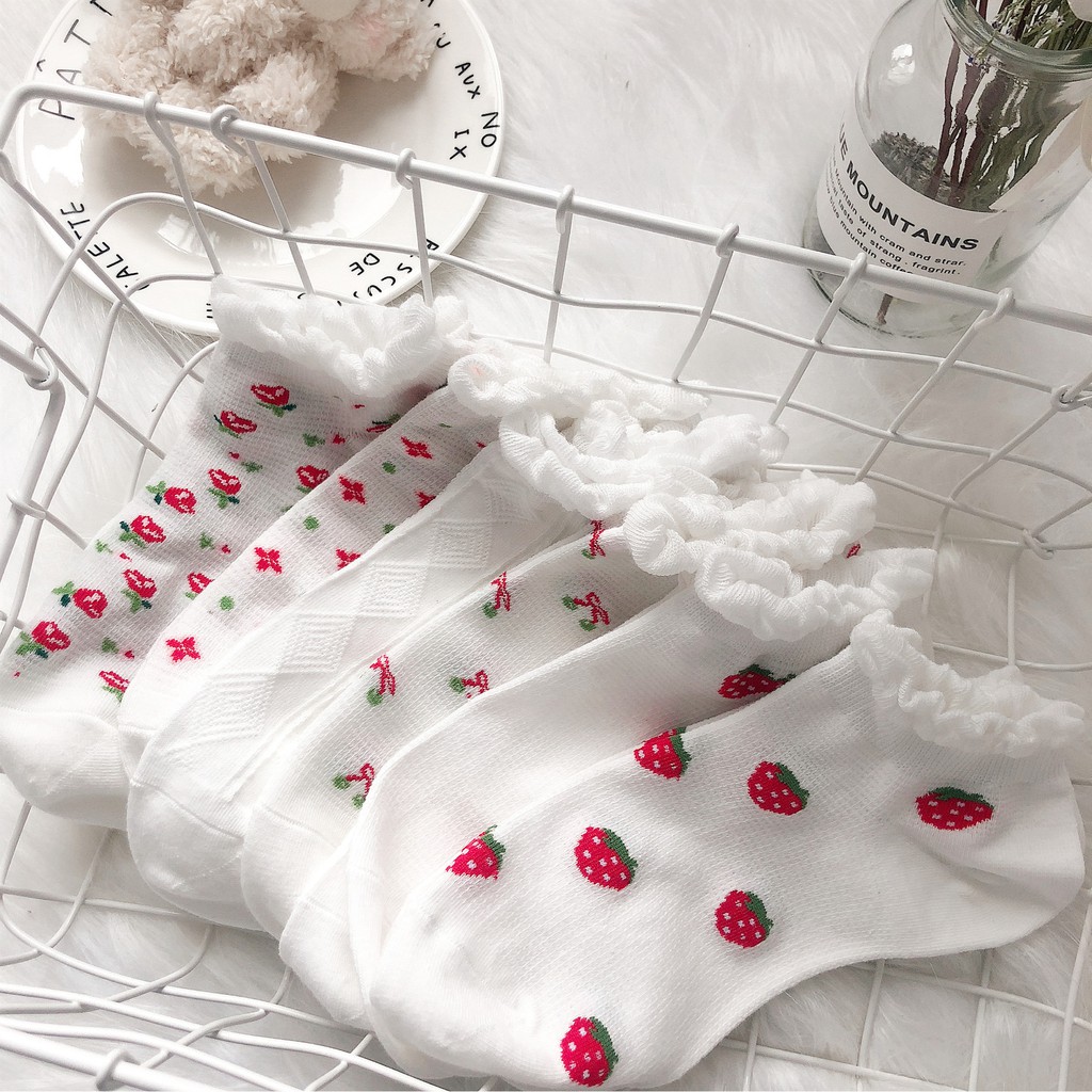 Tất Cổ thấp nữ Dễ thương In hình Hoạt hình Ulzzang Hàn Quốc Vớ nữ Cổ ngắn Cotton Nhật Bản