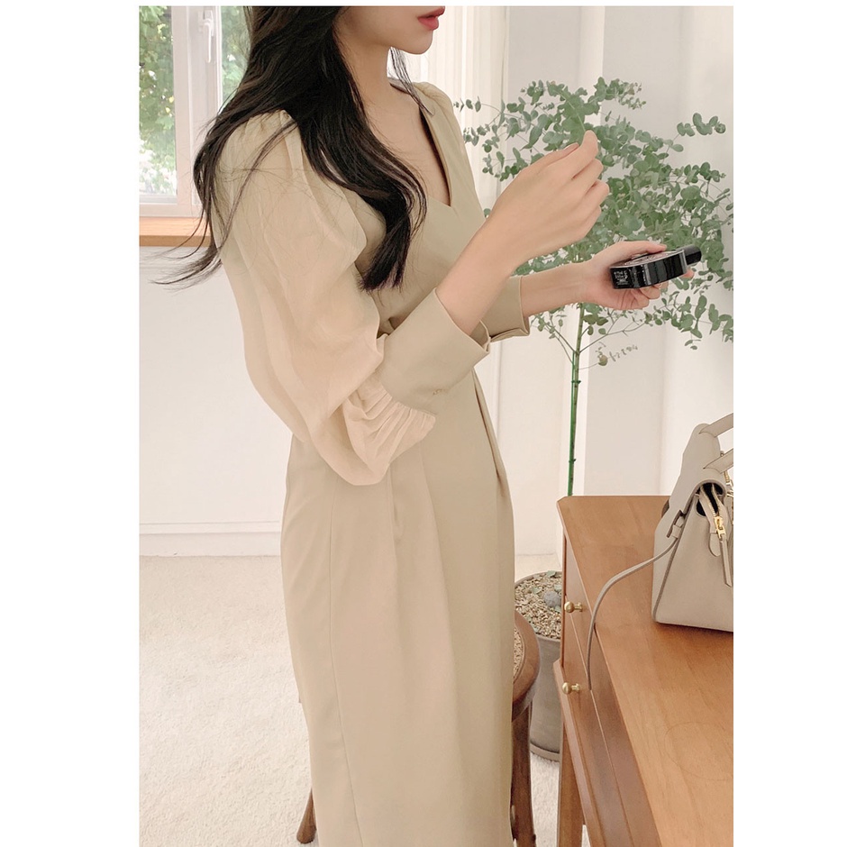 Đầm Dài Tay Cổ Chữ V Thiết Kế Mới Thanh Lịch 45664