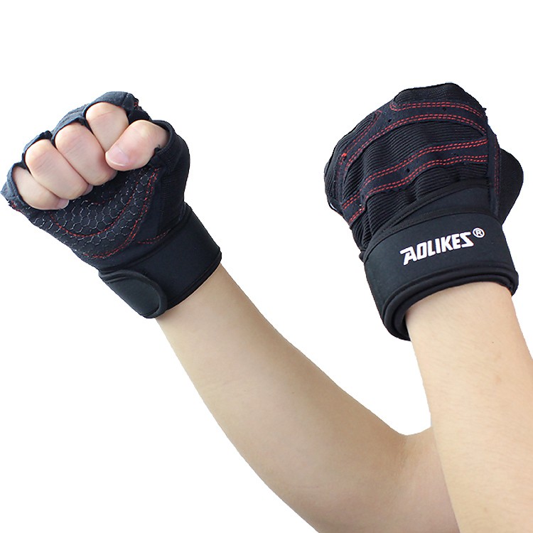 Găng tay tập gym nam nữ hỗ trợ cuốn cổ tay trợ lực xỏ ngón Aolikes TINZ|Mã TTG-15-01