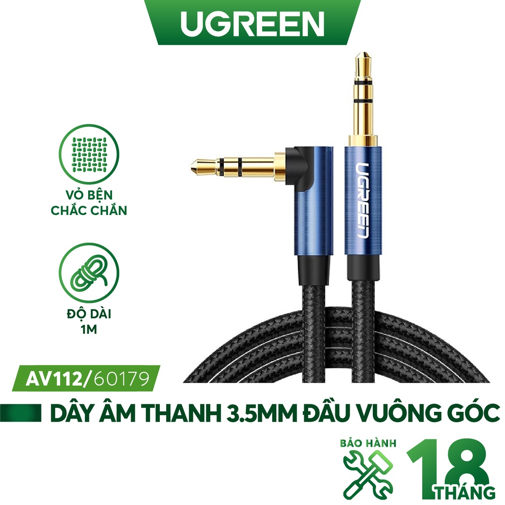 Dây âm thanh 3.5mm 1 đầu vuông góc màu xanh, dây bện vải sợi tổng hợp UGREEN AV112