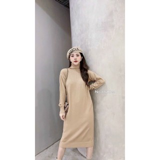 Váy len lông cừu dáng suông, cổ lọ