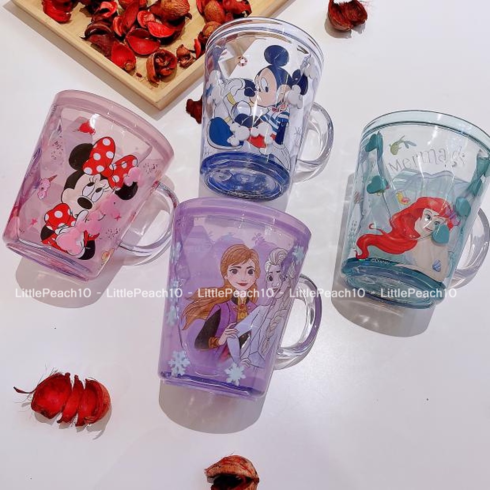 Ly nước Disney 2 lớp nhũ kim tuyến rơi lung linh có quai cầm hình Frozen Mickey Minnie Ariel cho bé