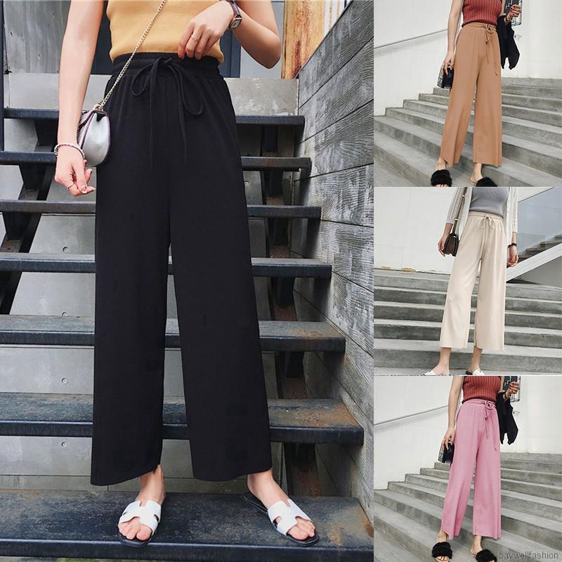 [Baywellfashion]Quần ống rộng lưng cao co dãn cho nữ