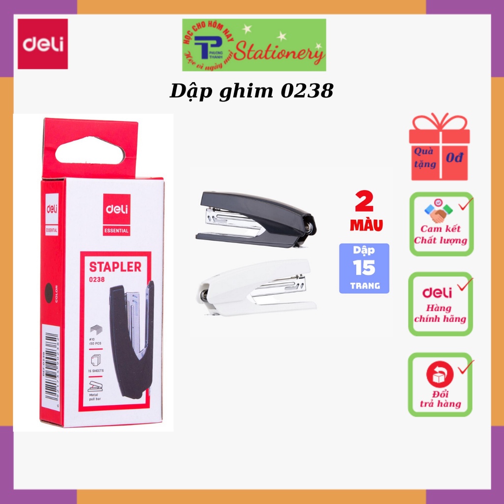 Dập ghim #10 Deli, 15 trang, trắng, đen dùng cho học sinh, văn phòng - 1 cái E0238