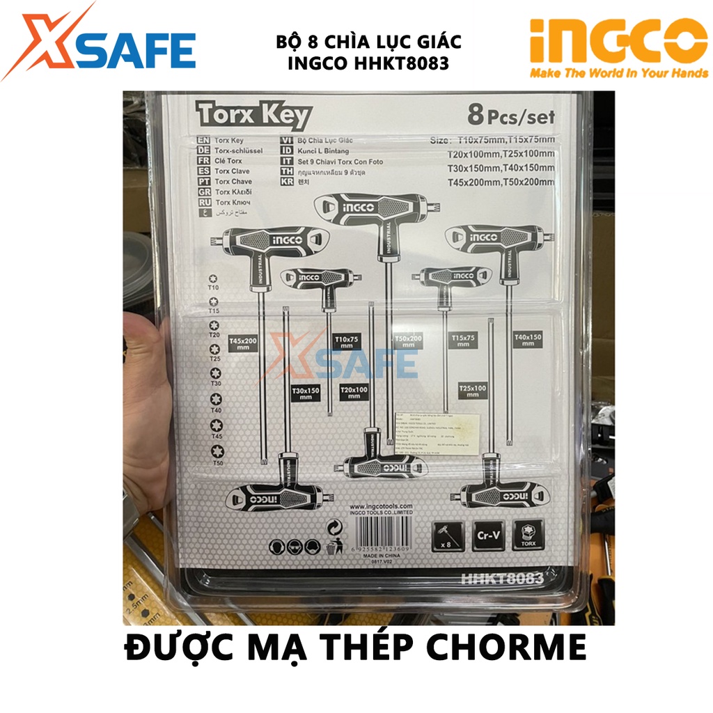 Bộ 8 chìa lục giác tay cầm chữ T INGCO HHKT8083 Bộ lục giác 8 chi tiết, chất liệu CR-V, chịu nhiệt, được mạ thép chrome