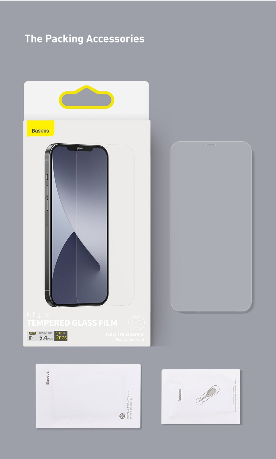 Set 2 Kính Cường Lực Baseus Bảo Vệ Màn Hình Điện Thoại Toàn Diện Cho iPhone 12 mini Pro Max 0.3mm