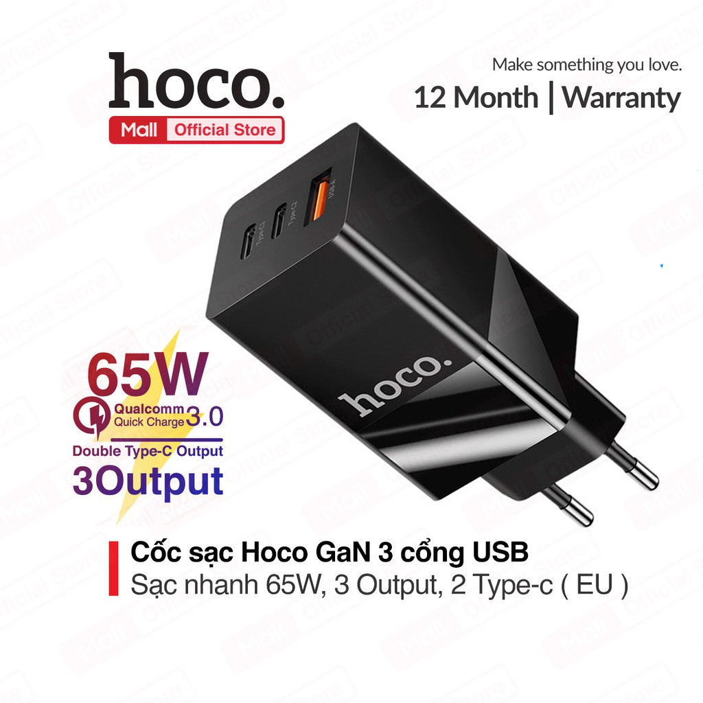 Cốc sạc Hoco GaN Quick Charger 65W cho Smartphone/ Tablet/ iPad/ Macbook/ Laptop (Type Cx2 + USB , PD3.0/ PPS/ QC4.0 )