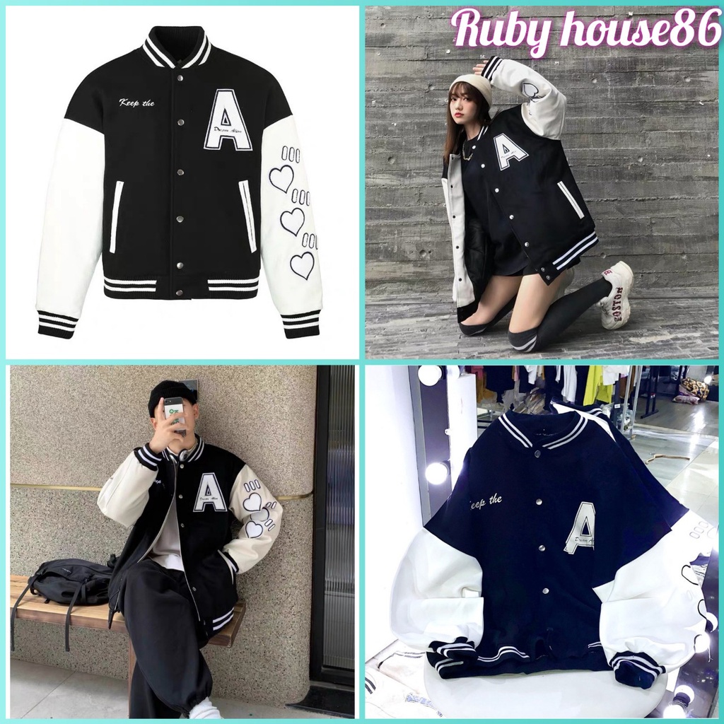 Áo khoác bomber chữ A tay tim RUBY HOUSE86 chất thô mềm dầy mát from unisex, mặc chống nắng phong cách cá tính