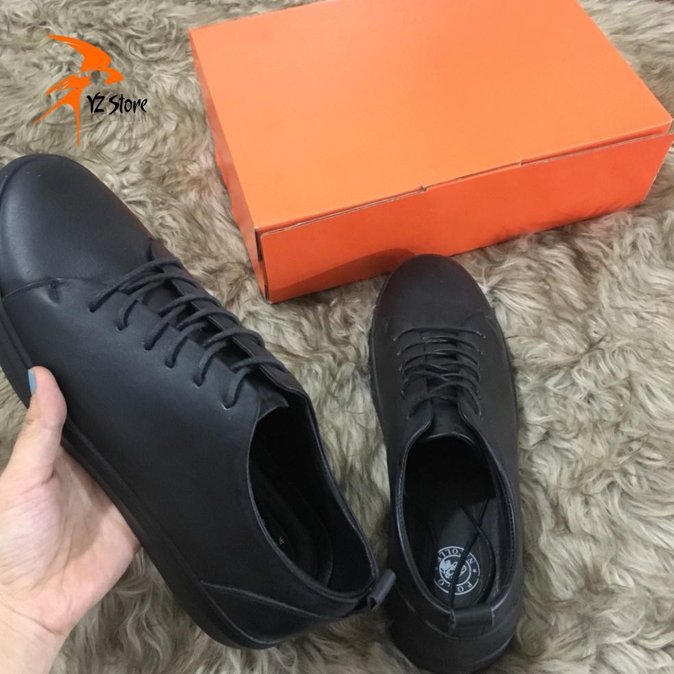 Giày thể thao nam cao cấp da bò buộc dây màu đen đế cao su có khâu đế