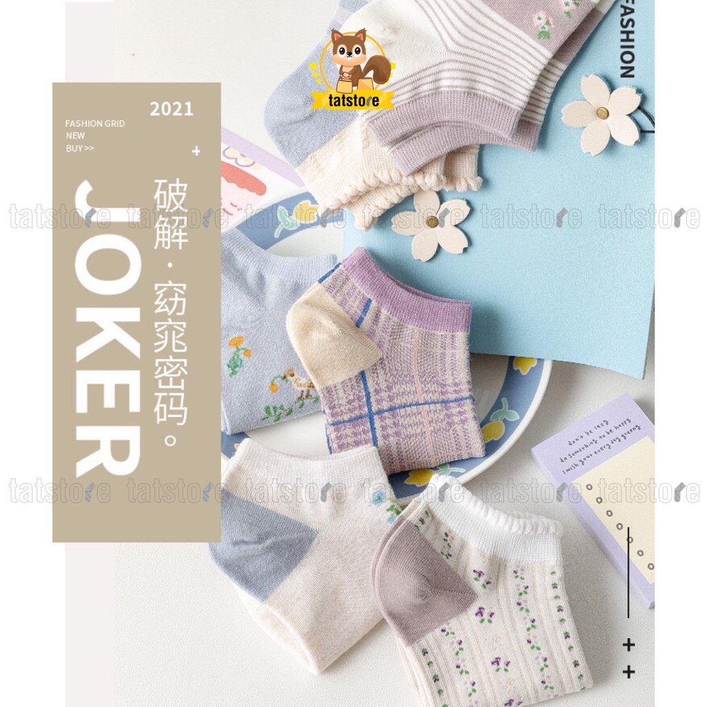 Tất nữ cổ thấp ngắn Hàn Quốc màu cute màu rất xinh tím và xanh họa tiết hoa nhí TẤT STORE 2CNF17