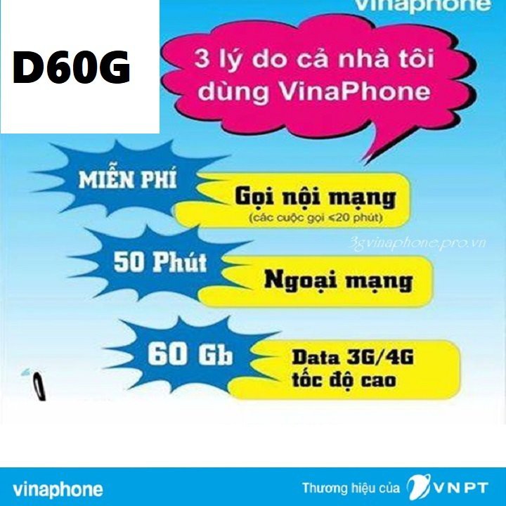 Sim 4G Vina giá rẻ  D60G Khuyến Mãi 62Gb Mỗi Tháng Chỉ 120K Mỗi Tháng - sim D60G data khủng mp gọi nội mạng, ngoại mạng