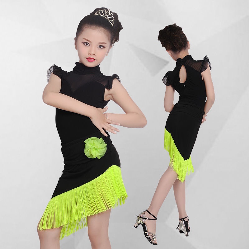 Bộ Trang Phục Trình Diễn Khiêu Vũ Latin Phối Tua Rua Xinh Xắn Cho Bé Gái 8.19