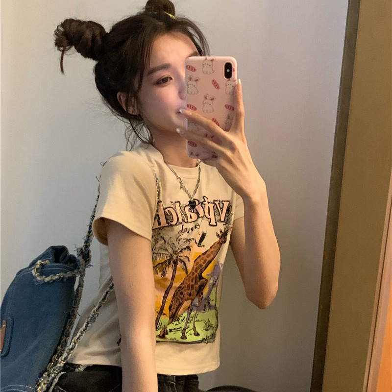 Áo Thun Ngắn Tay In Họa Tiết Hươu Cao Cổ Cổ Điển Dành Cho Nữ