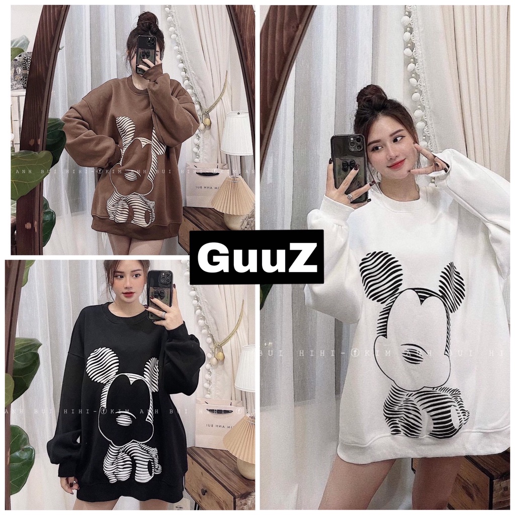 Áo sweater nữ form rộng họa tiết hình MICKEY hottrend [FREESHIP] Áo nỉ nữ cổ tròn tay dài 3 màu nâu,trắng,đen GuuZ