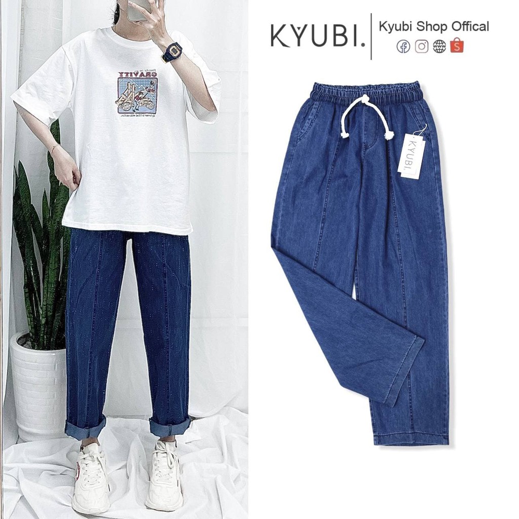 Quần jean baggy nữ Ulzzang lưng chun dây rút phom thoải mái [Có Bigsize] - Baggy Jean Kyubi JR29