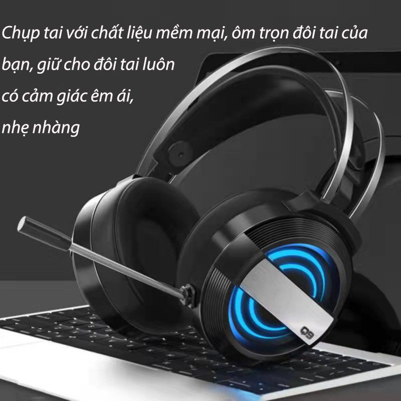 Tai nghe gaming chụp tai MC Q9 cho máy tính điện thoại có mic đèn LED đổi màu siêu đẹp âm thanh HD super Bass