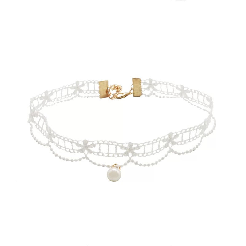 Vòng Cổ Choker Ren Trắng Đính Ngọc Trai Phong Cách Hàn Quốc