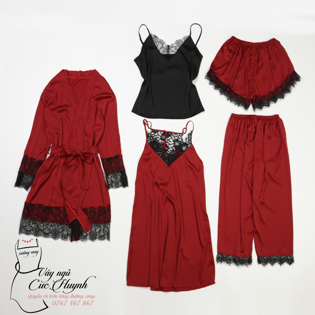 Sét ngủ 5 món cao cấp, Bộ đồ ngủ phối ren kèm áo choàng dễ thương quyến rũ, nhiều size từ 40-80kg mặc vừa | BigBuy360 - bigbuy360.vn