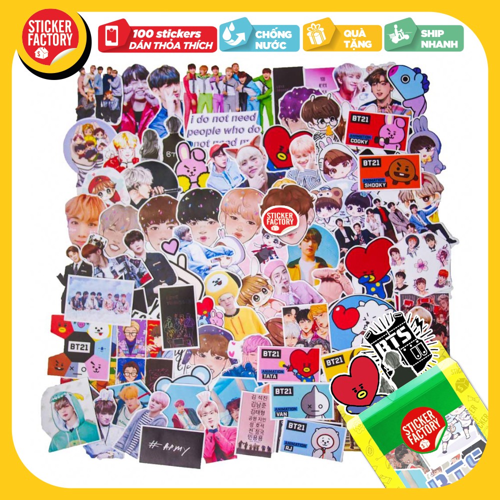 BTS nhóm nhạc Kpop Hàn Quốc - hộp set 100 sticker decal hình dán nón bảo hiểm , laptop, xe máy, ô tô - STICKER FACTORY