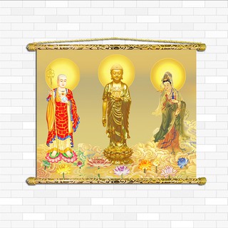 Tranh Liễn Phật Giáo - Tây Phương Tam Thế Phật – Vải canvas cao cấp nẹp sáo gỗ tự nhiên