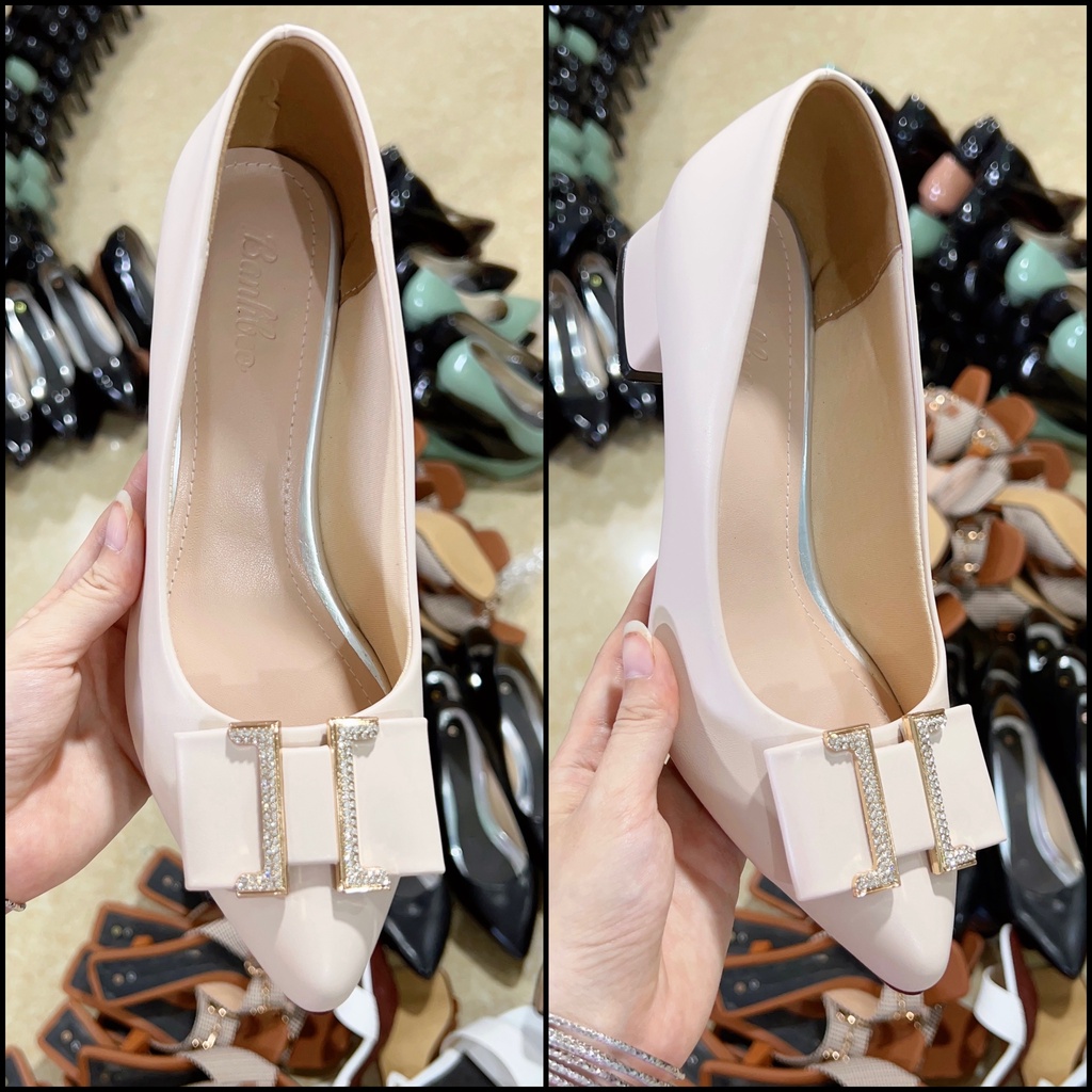 Giày Cao Gót Nữ Mũi Nhọn Giày Búp Bê gót vuông cao 3p khóa chữ H nữ tính - cao 3cm  - size 35 tới 40 mã 3cmHH