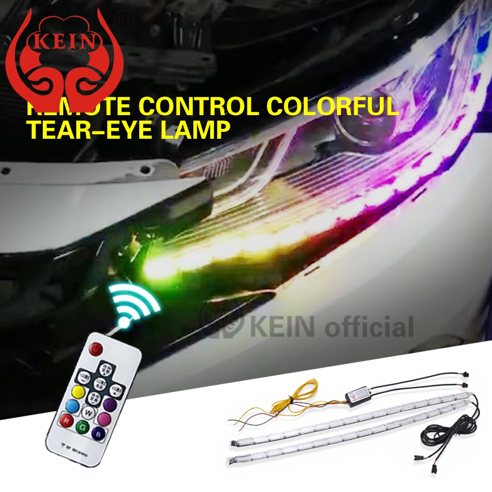 KEIN 2 cái RGB DRL Xe hơi Pha lê Đèn nước Tín hiệu Led Ban ngày Đèn chạy ban ngày Tín hiệu rẽ l Thanh hướng dẫn khóa DRL Điều khiển từ xa Đèn tự động nhiều màu