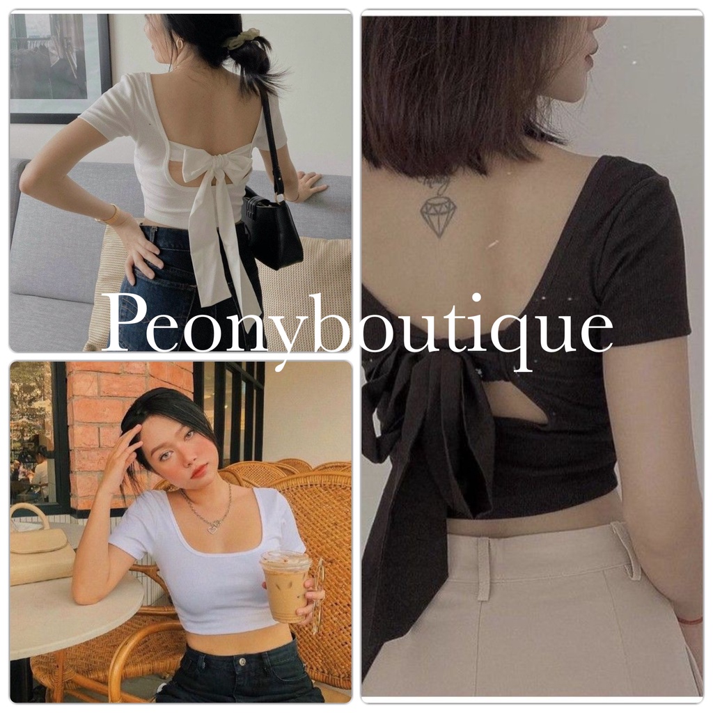Áo Croptop Cổ Vuông Phối Nơ Lưng PEONYB Nữ  🌸 Thun kiểu body dáng ôm cộc tay bánh bèo tiểu thư Ulzzang 🌸
