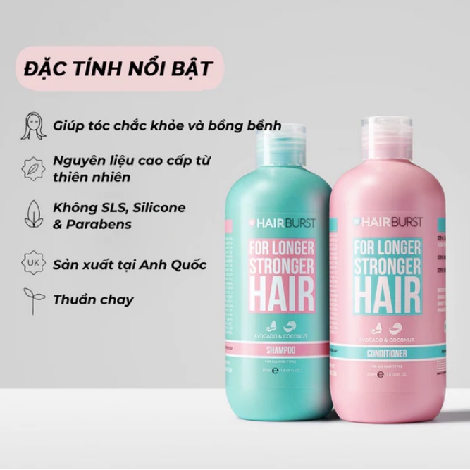 Combo Chăm sóc, Kích thích mọc tóc Hairburst (Kẹo Vitamin - Dầu Gội - Dầu Xả - Xịt bảo vệ tóc)