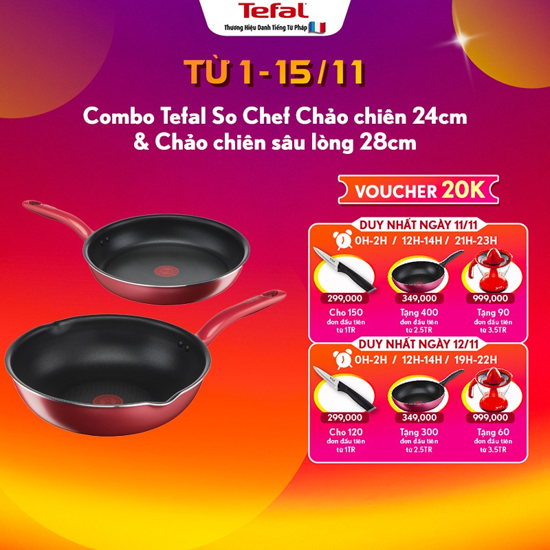 [Mã LIFETE1111 giảm 8% tối đa 100K đơn 300K] Combo Tefal So Chef Chảo chiên 24cm & Chảo chiên sâu lòng 28cm