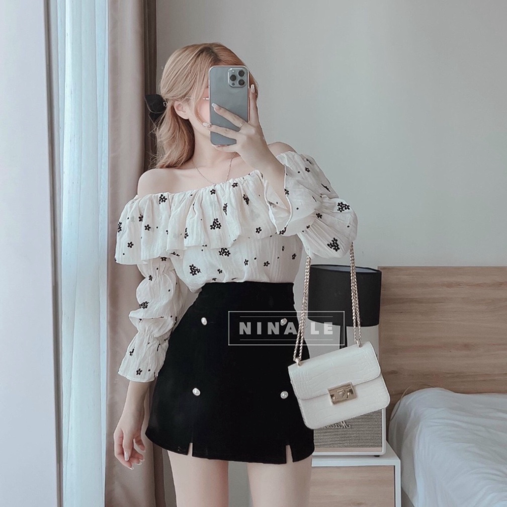 Áo kiểu nữ- Áo sơmi trễ vai phong thái korea mặc đi chơi, đi du lịch_137 Nội y xanh chất đẹp deal xịn sexy