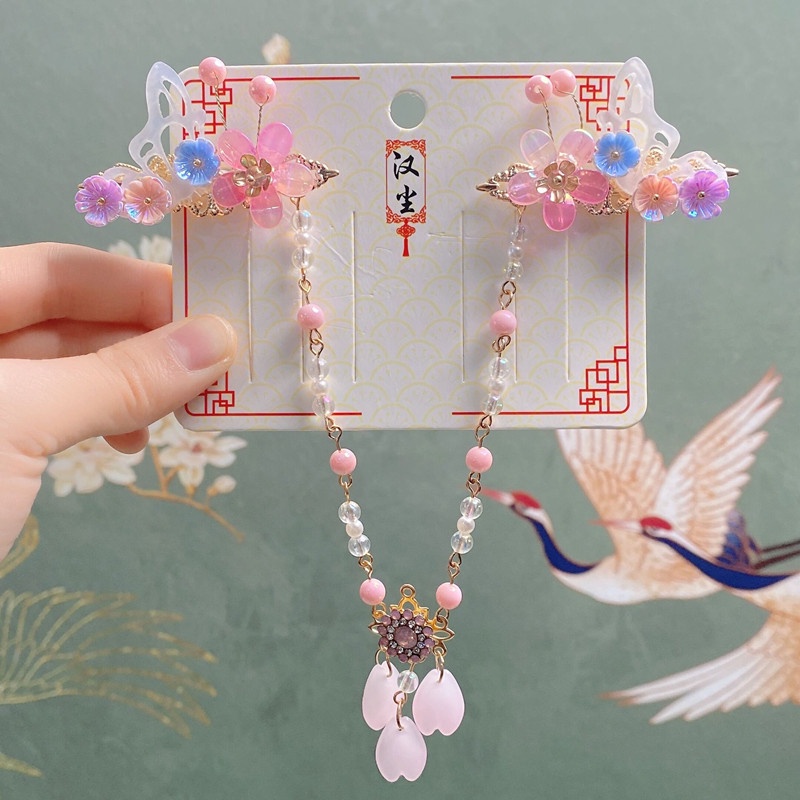 1 Cặp Kẹp Tóc Dây Ruy Băng Đính Hoa Và Bướm Đỏ Cổ Điển Dành Cho Trẻ Em