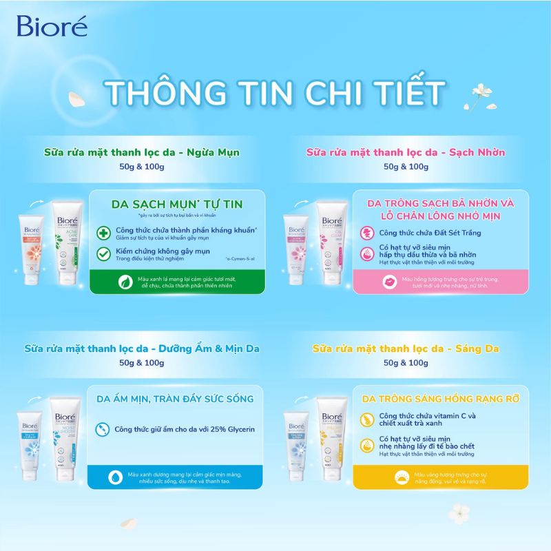 Sữa rửa mặt Biore (Sáng mịn&dưỡng ẩm, sạch mụn&kháng khuẩn, sạch nhờn&lỗ chân lông nhỏ mịn) 50g,100g