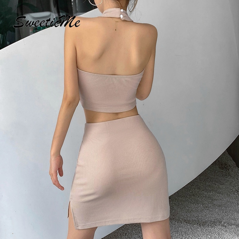 Bộ Áo Sát Nách Cổ Tròn Phối Chân Váy Ngắn Màu Trơn Thời Trang   Quyến Rũ Cho Nữ
