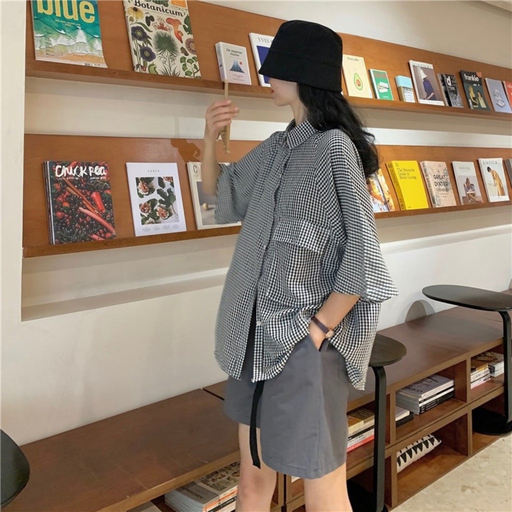 [Mã FAMAYMA2 giảm 10K đơn 50K] Áo sơ mi nữ tay ngắn unisex form rộng kẻ caro 1 túi 2 màu ,áo sơ mi nữ kẻ caro chất đẹp | BigBuy360 - bigbuy360.vn