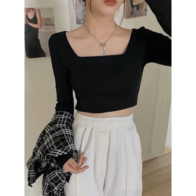 Áo Croptop Cổ Vuông Dài Tay Màu Trơn Ôm Body Tôn Dáng Tuyết's House