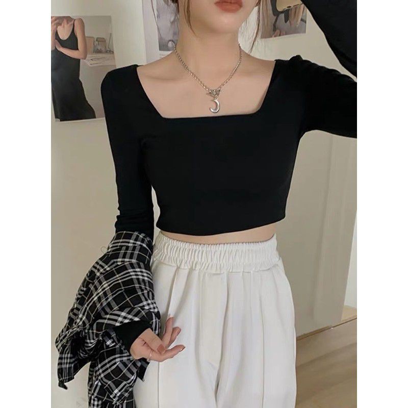 Áo Croptop Cổ Vuông Dài Tay Màu Trơn Ôm Body Tôn Dáng Laca Store B6-1, áo kiều cổ u form croptop năng động basic cotton