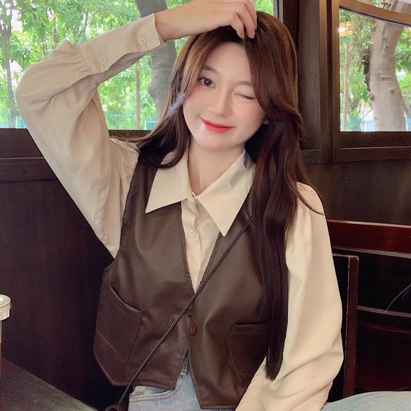 Áo gile da khoác ngoài dáng vest nữ Brown Coffee ulzzang