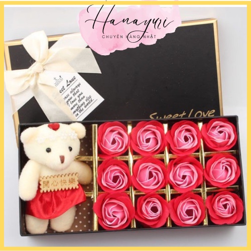 Hoa Hồng 3D Sáp 12 Bông Kèm Gấu Sweet Love Làm Quà Tặng Cực Yêu