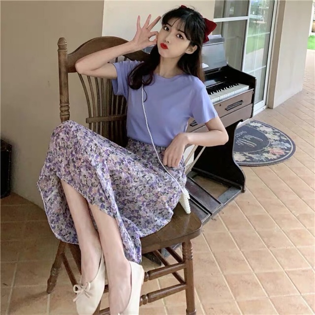 SET ÁO VÁY | Áo Phông + chân Maxi hoa nhí