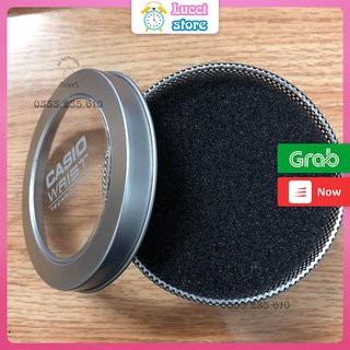 Hộp đồng hồ casio thiếc, loại cứng, tròn, kích thước 9x9x6 cm